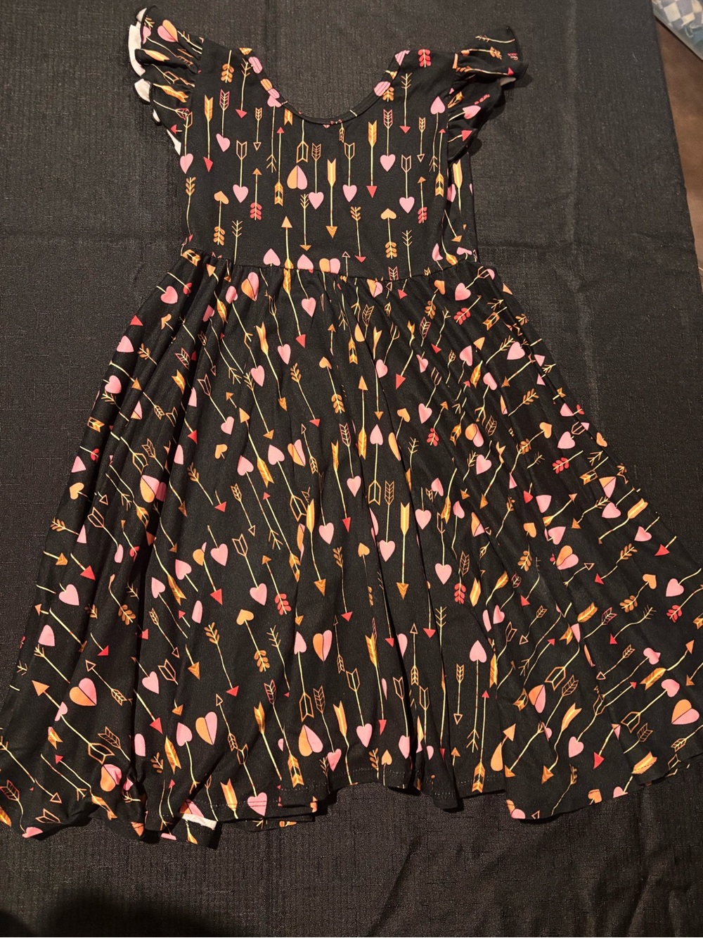 Girls Black Heart & Arrow Print Dress - Pink & Gold Accents